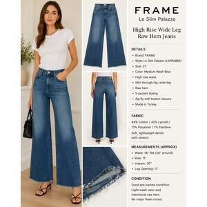 FRAME Le Slim Palazzo Jeans Raw Hem Wide Leg High Rise Stretch Denim Size 27